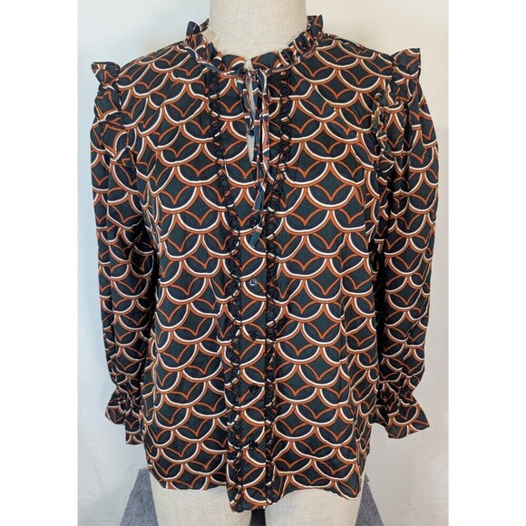 Alice Blue Tops - Alice Blue Scallop Print Blouse Ruffle Shoulder Button Front Tie Neck Top 1X
